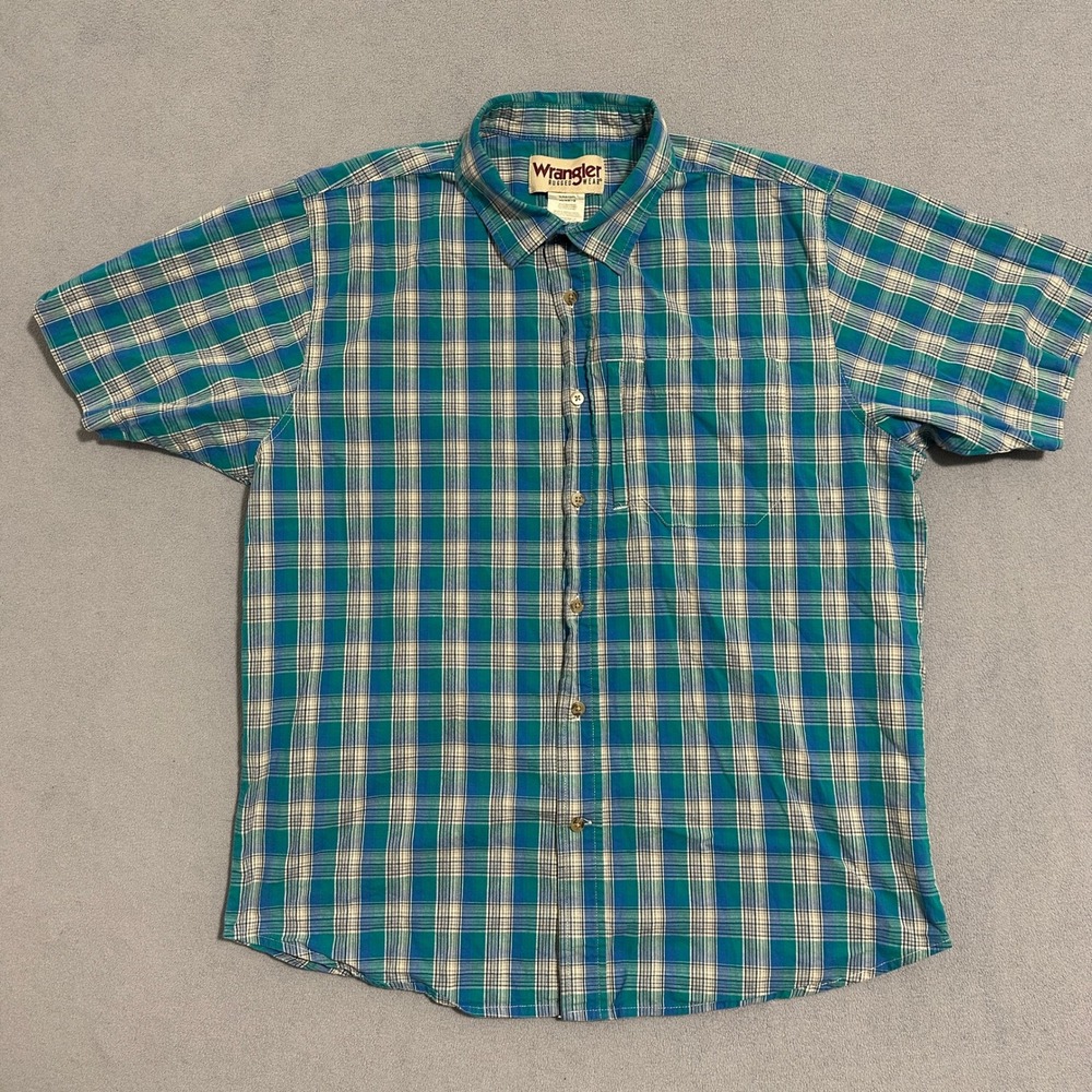 Wrangler Rugged Wear Button-Up Shirt Short‎ Sleeve Plaid White Blue Mens Size XL